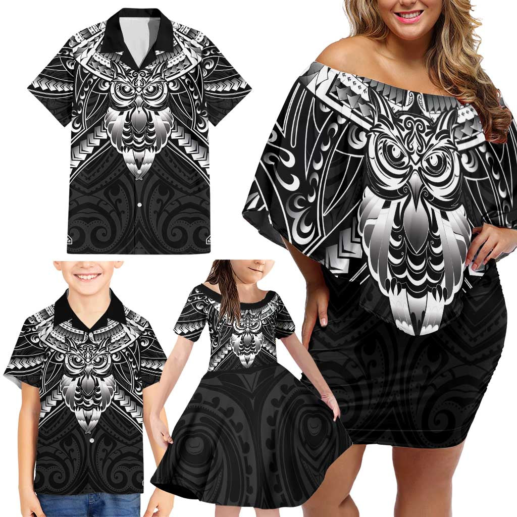 New Zealand Morepork Family Matching Off Shoulder Short Dress and Hawaiian Shirt Maori Pattern Black