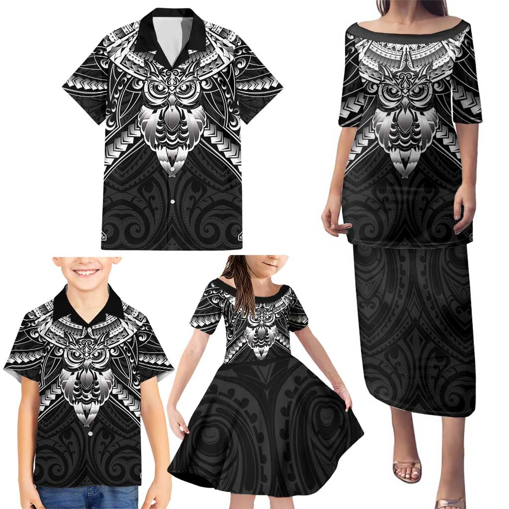 New Zealand Morepork Family Matching Puletasi and Hawaiian Shirt Maori Pattern Black LT05 - Polynesian Pride