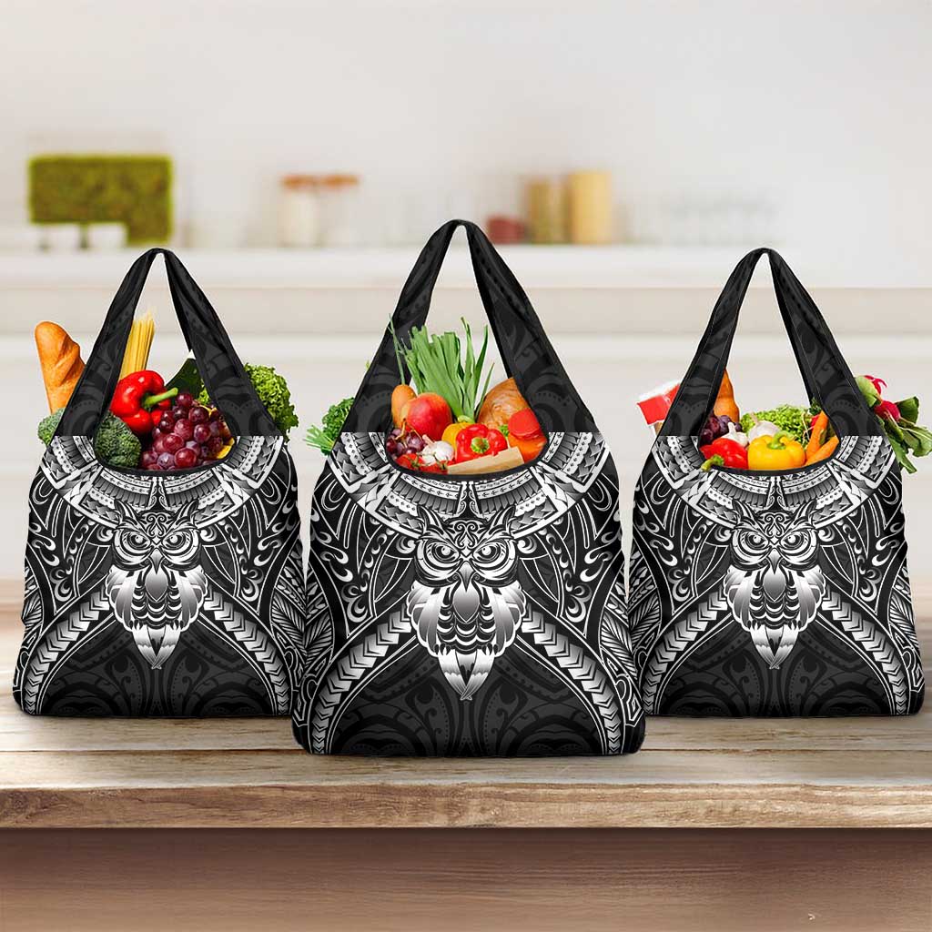 New Zealand Morepork Grocery Bag Maori Pattern Black LT05 3-pack One Size Black - Polynesian Pride