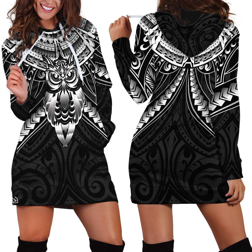 New Zealand Morepork Hoodie Dress Maori Pattern Black