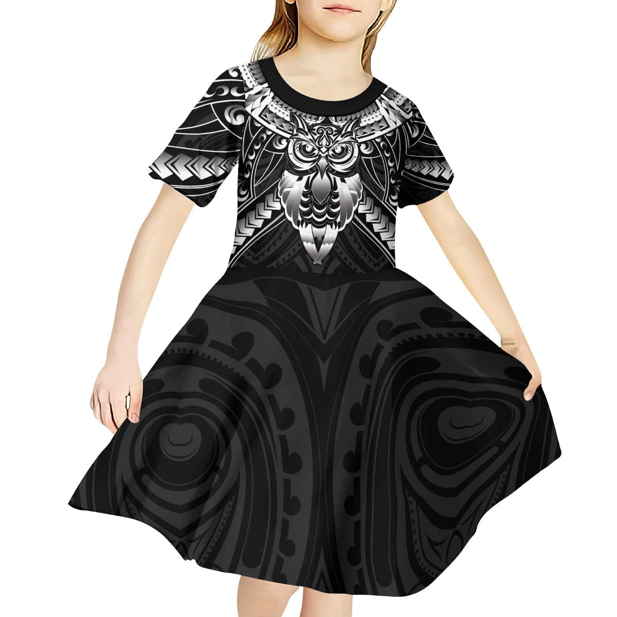 New Zealand Morepork Kid Short Sleeve Dress Maori Pattern Black