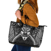 New Zealand Morepork Leather Tote Bag Maori Pattern Black