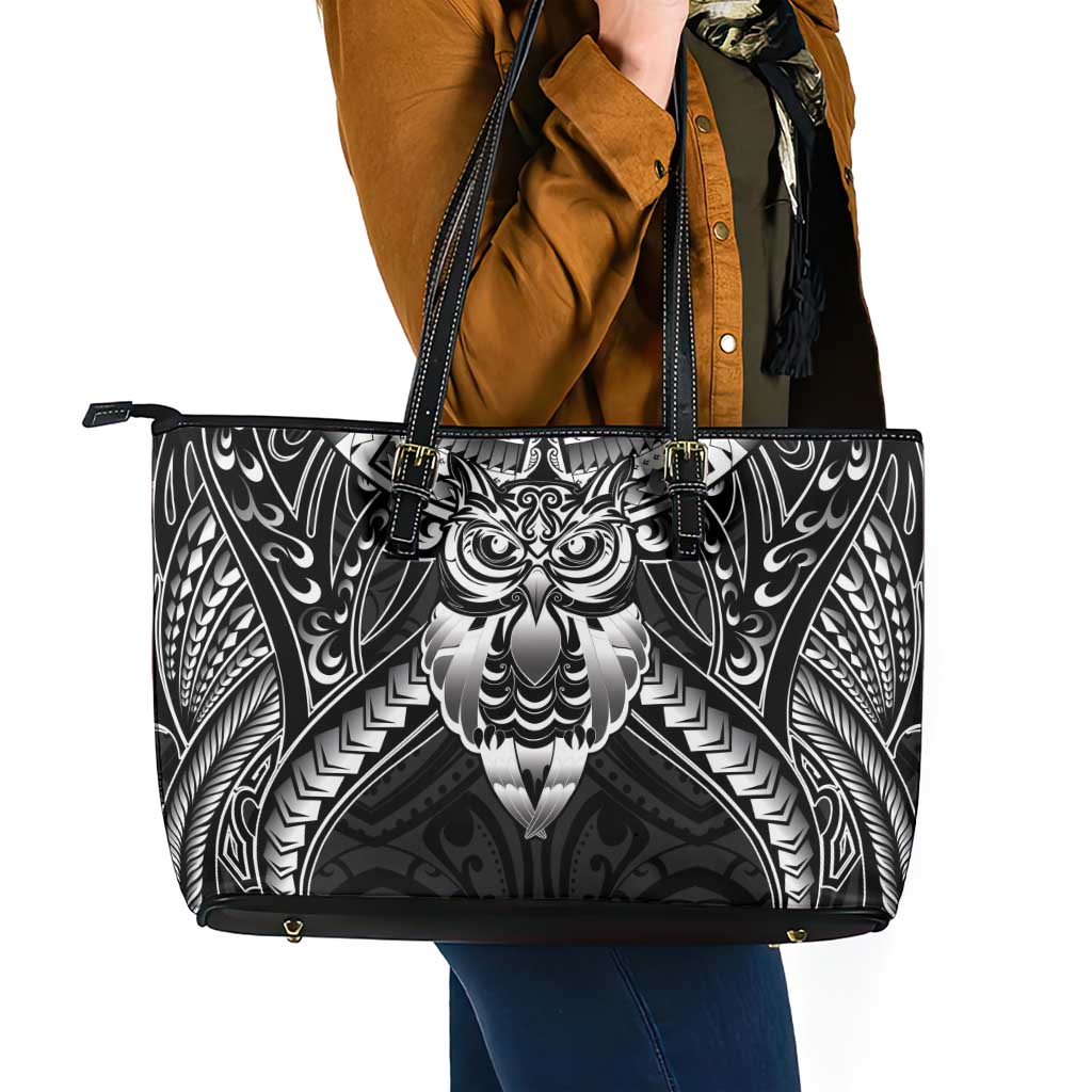 New Zealand Morepork Leather Tote Bag Maori Pattern Black