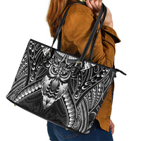New Zealand Morepork Leather Tote Bag Maori Pattern Black