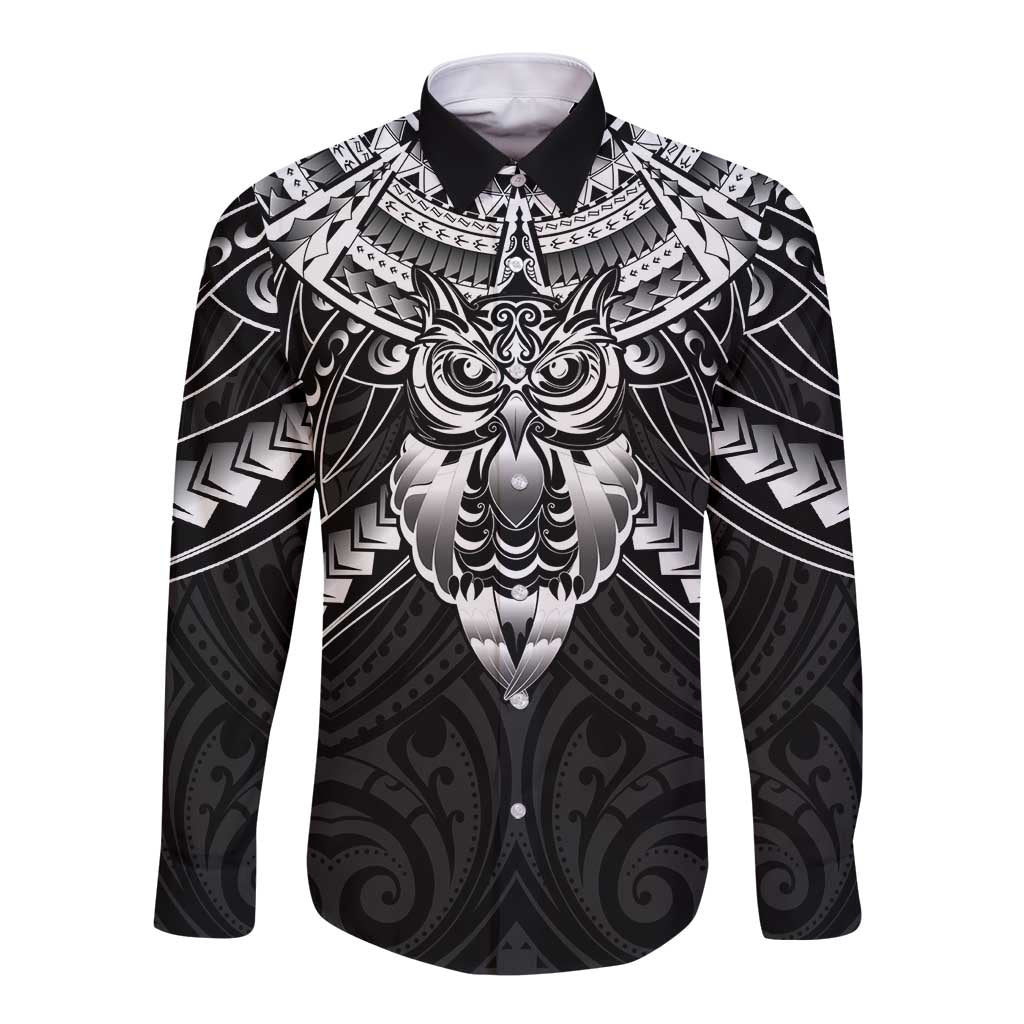 New Zealand Morepork Long Sleeve Button Shirt Maori Pattern Black LT05 Unisex Black - Polynesian Pride