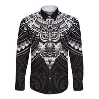 New Zealand Morepork Long Sleeve Button Shirt Maori Pattern Black LT05 Unisex Black - Polynesian Pride