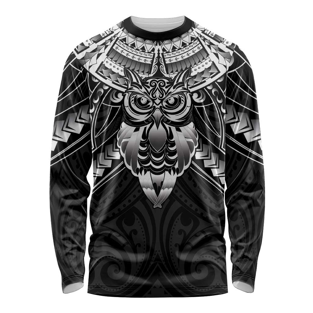 New Zealand Morepork Long Sleeve Shirt Maori Pattern Black LT05 Unisex Black - Polynesian Pride