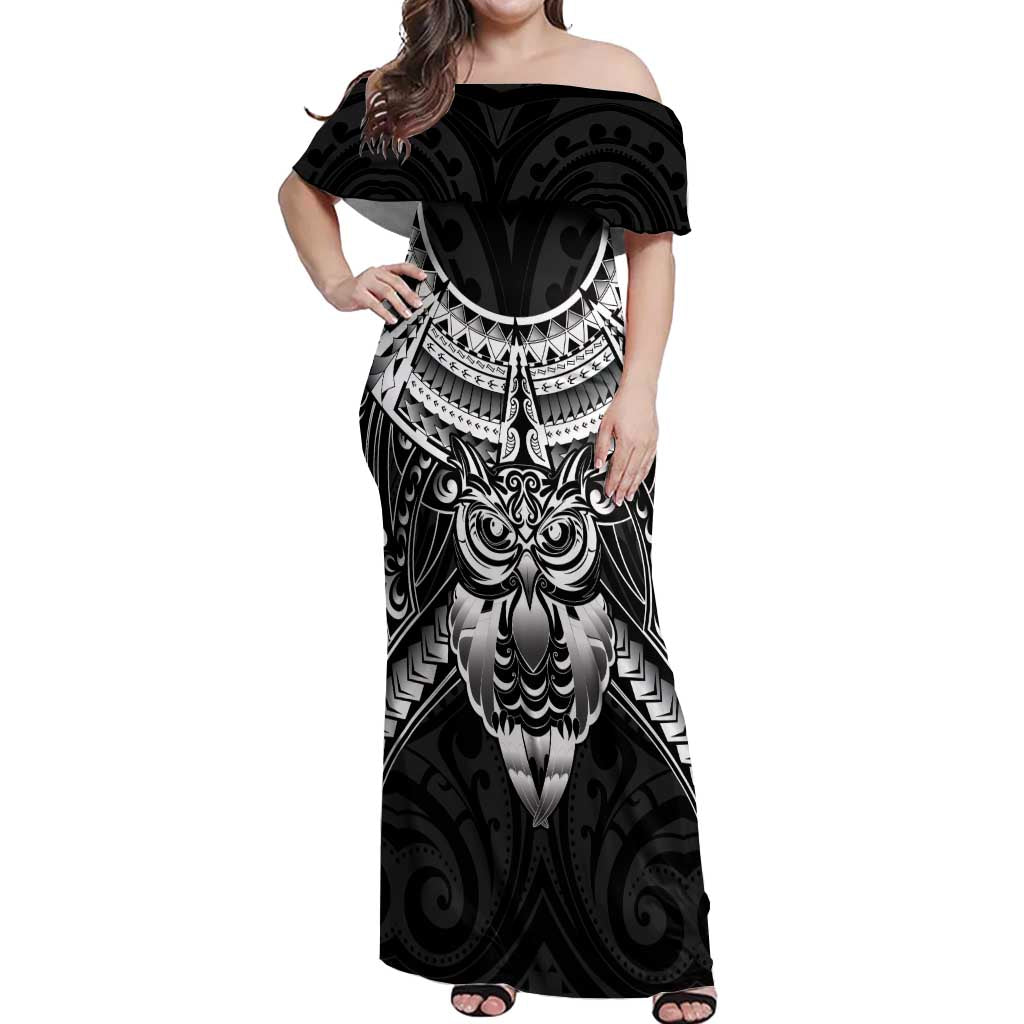 New Zealand Morepork Off Shoulder Maxi Dress Maori Pattern Black