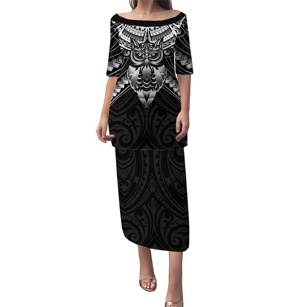 New Zealand Morepork Puletasi Maori Pattern Black LT05 Long Dress Black - Polynesian Pride