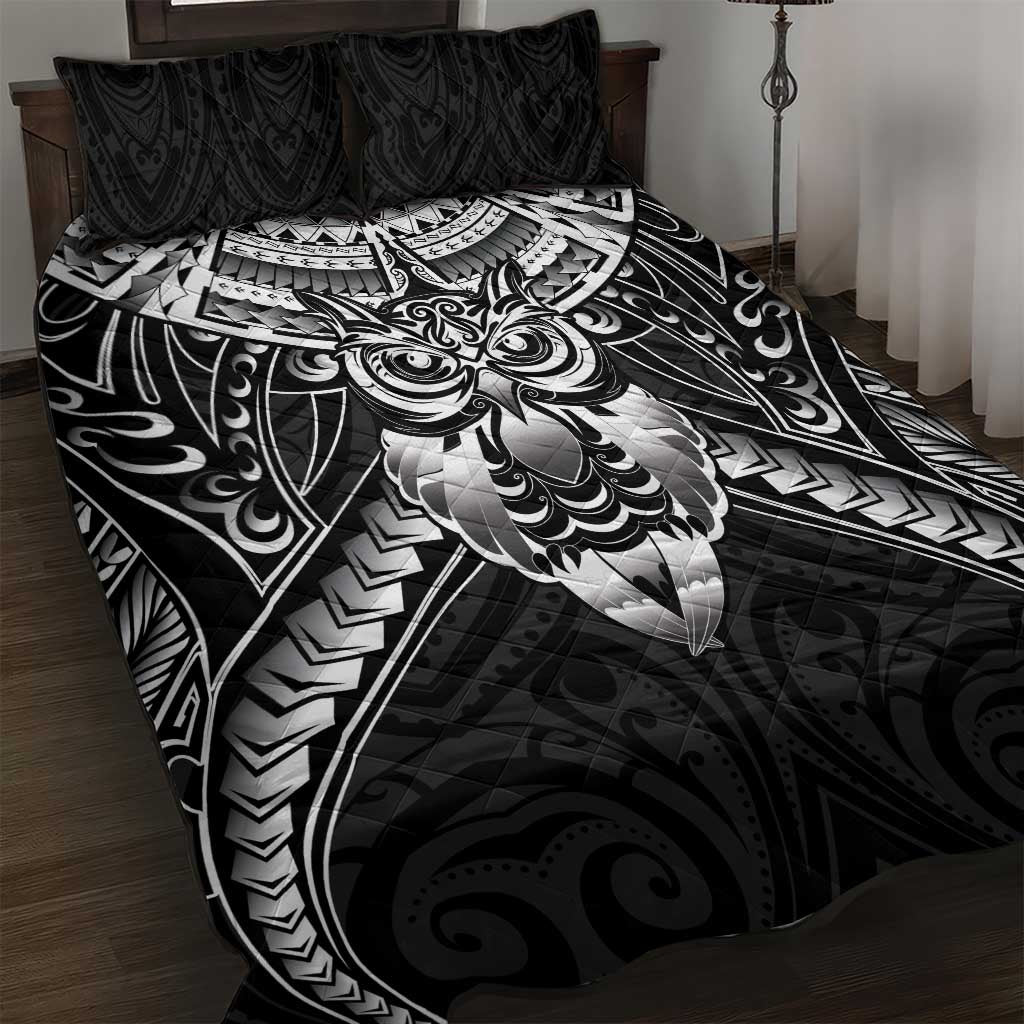 New Zealand Morepork Quilt Bed Set Maori Pattern Black