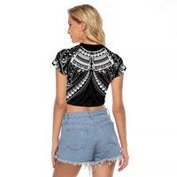 New Zealand Morepork Raglan Cropped T Shirt Maori Pattern Black LT05 - Polynesian Pride