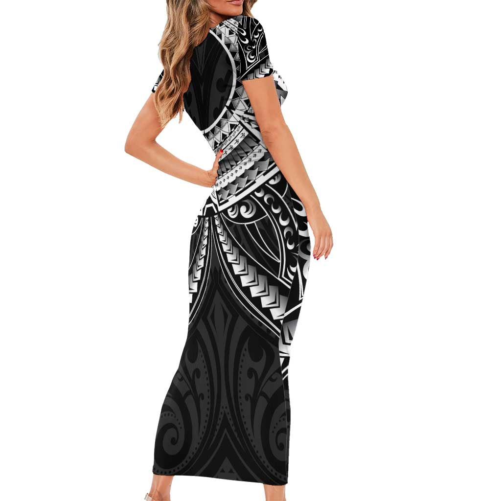 New Zealand Morepork Short Sleeve Bodycon Dress Maori Pattern Black