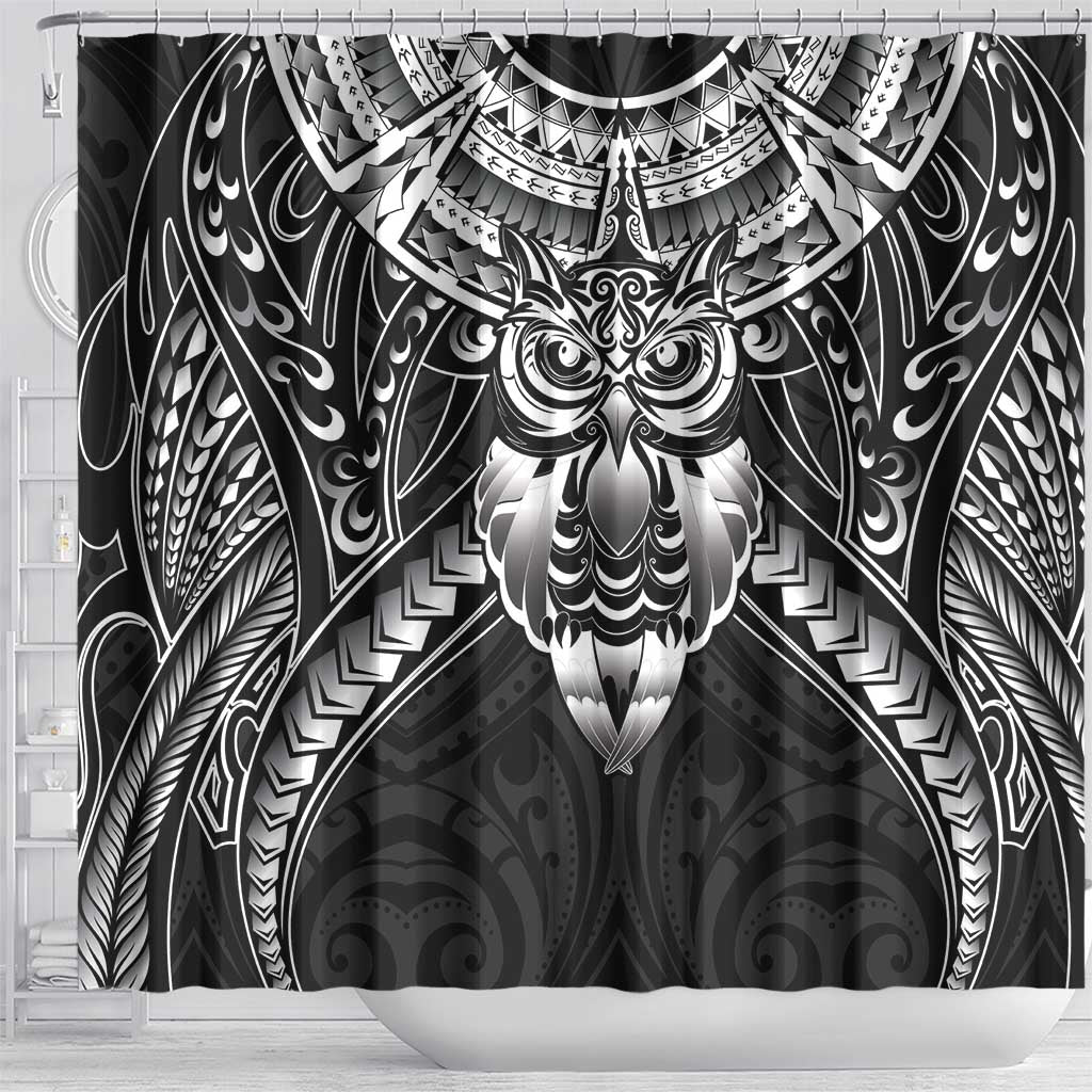 New Zealand Morepork Shower Curtain Maori Pattern Black