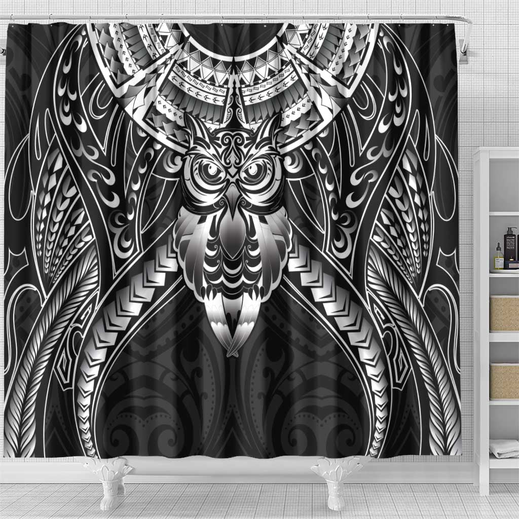New Zealand Morepork Shower Curtain Maori Pattern Black