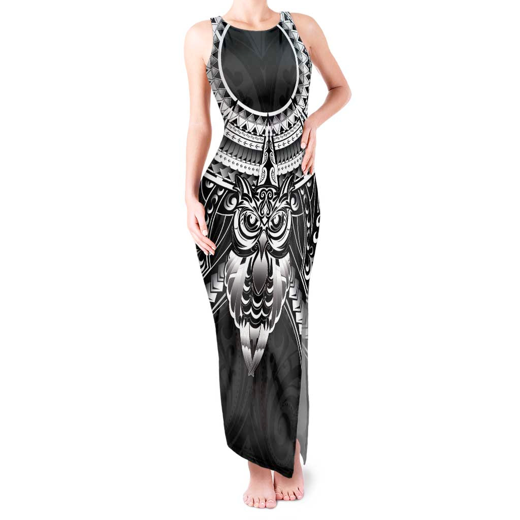 New Zealand Morepork Tank Maxi Dress Maori Pattern Black