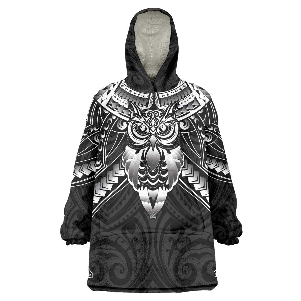 New Zealand Morepork Wearable Blanket Hoodie Maori Pattern Black LT05 One Size Black - Polynesian Pride