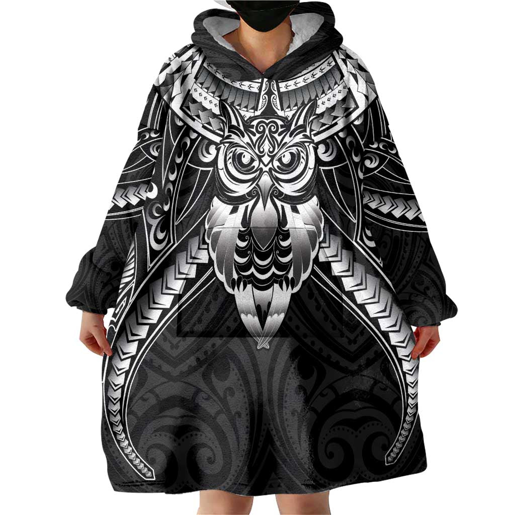 New Zealand Morepork Wearable Blanket Hoodie Maori Pattern Black LT05 - Polynesian Pride