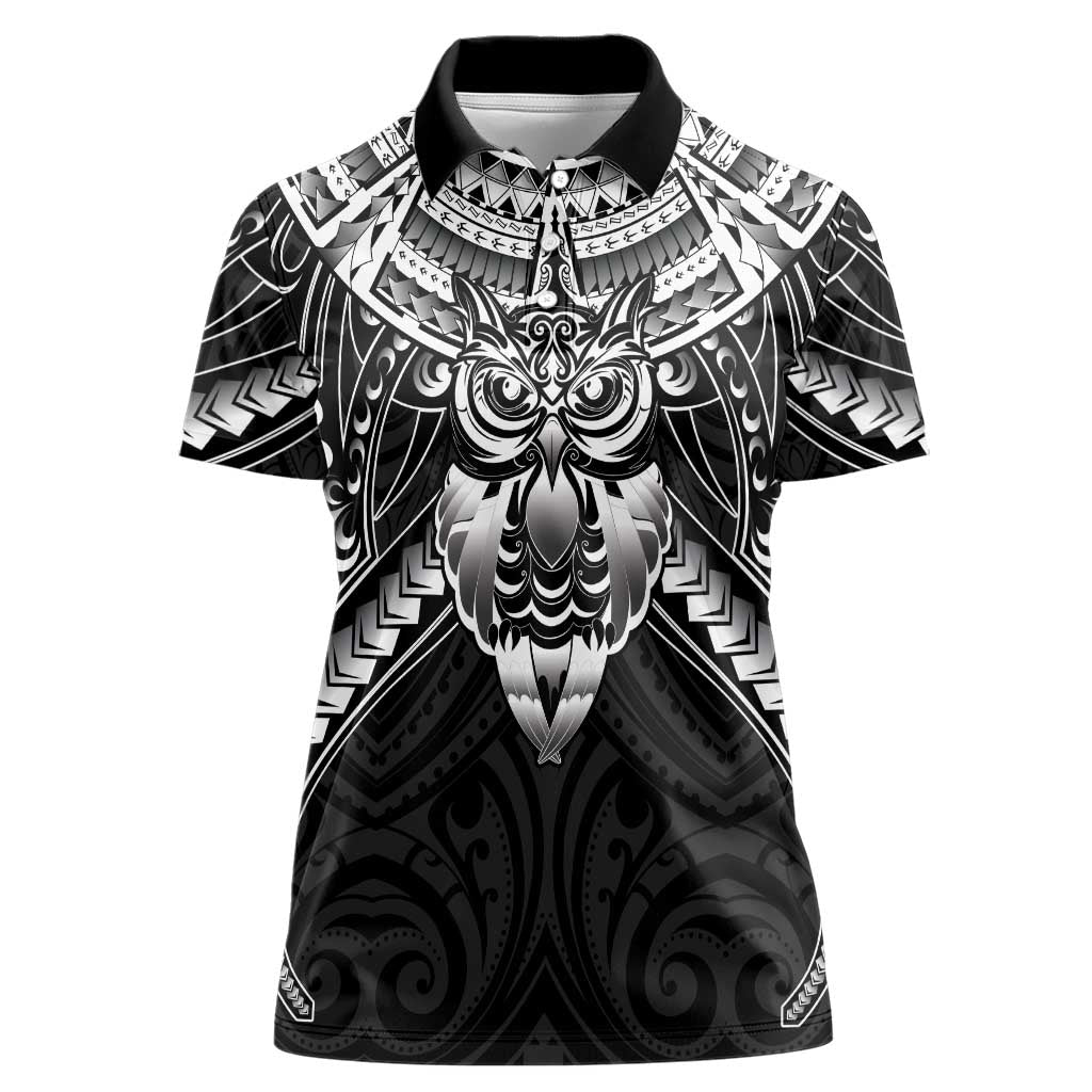 New Zealand Morepork Women Polo Shirt Maori Pattern Black