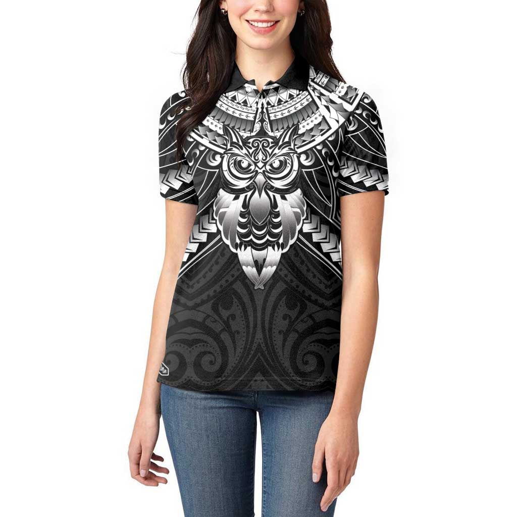 New Zealand Morepork Women Polo Shirt Maori Pattern Black