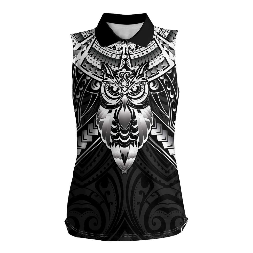 New Zealand Morepork Women Sleeveless Polo Shirt Maori Pattern Black LT05 Female Black - Polynesian Pride