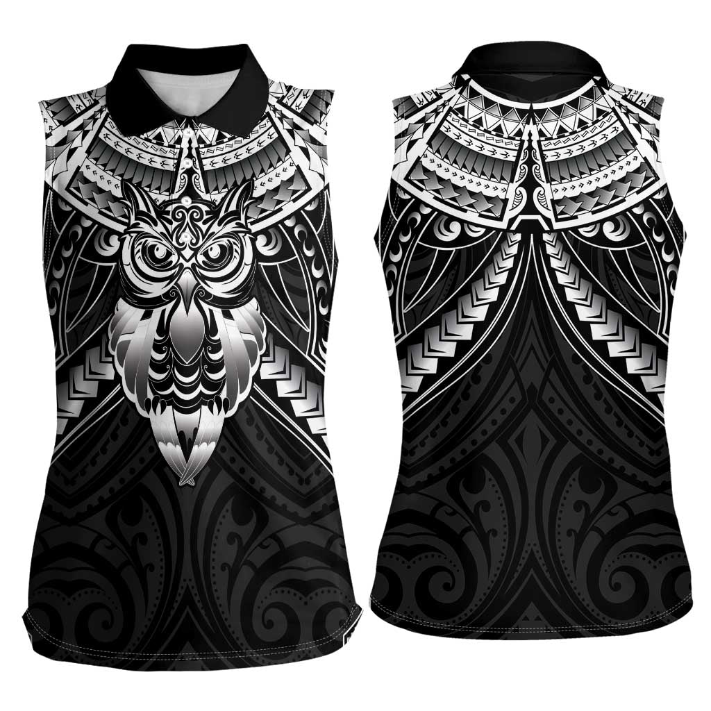 New Zealand Morepork Women Sleeveless Polo Shirt Maori Pattern Black LT05 - Polynesian Pride