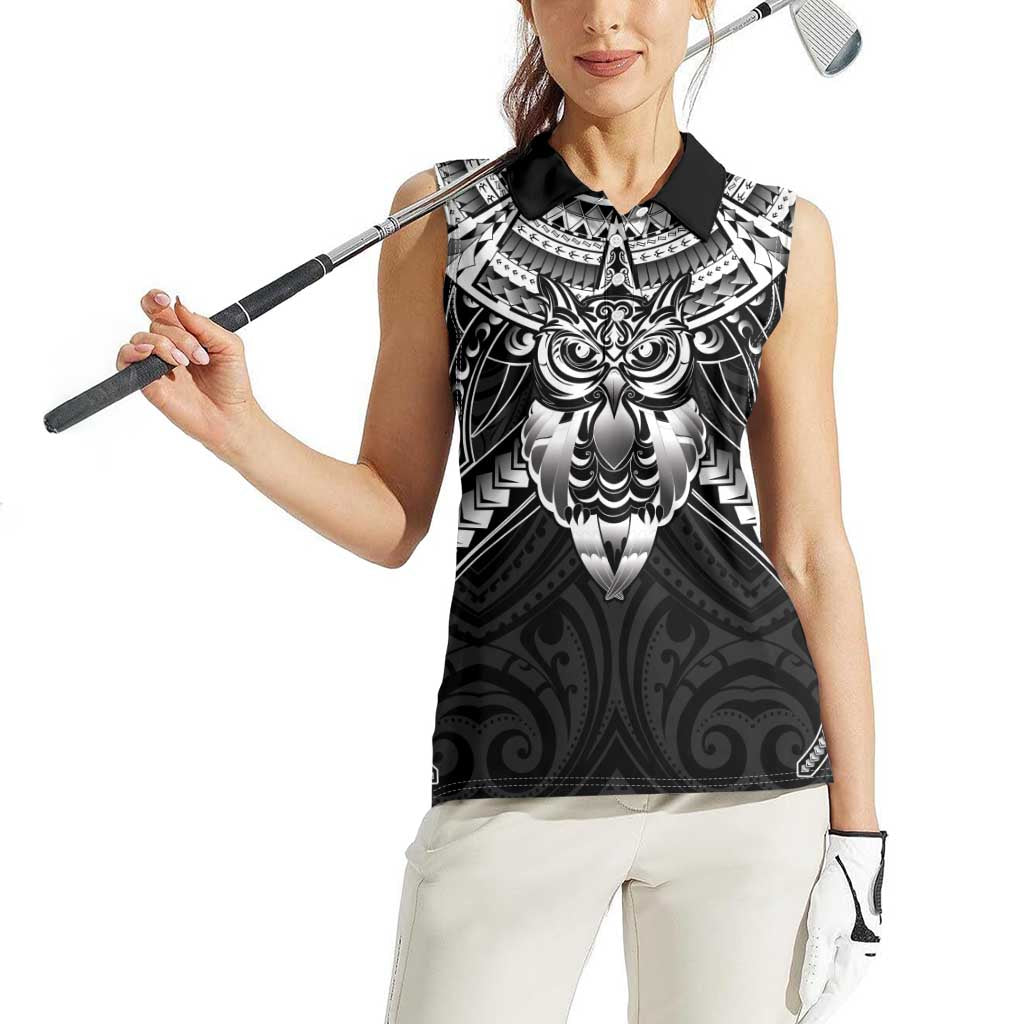 New Zealand Morepork Women Sleeveless Polo Shirt Maori Pattern Black LT05 - Polynesian Pride