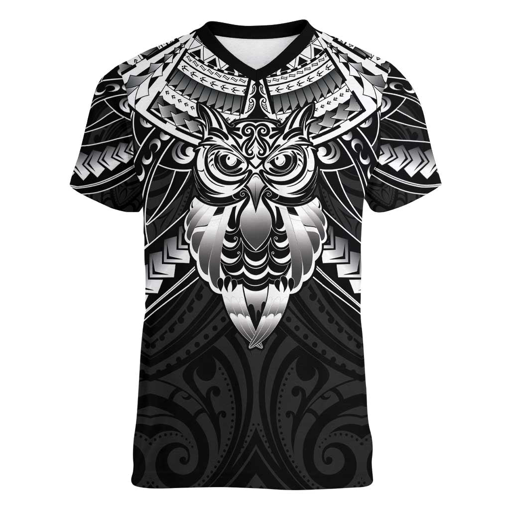 New Zealand Morepork Women V-Neck T-Shirt Maori Pattern Black LT05 Female Black - Polynesian Pride
