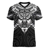 New Zealand Morepork Women V-Neck T-Shirt Maori Pattern Black LT05 Female Black - Polynesian Pride