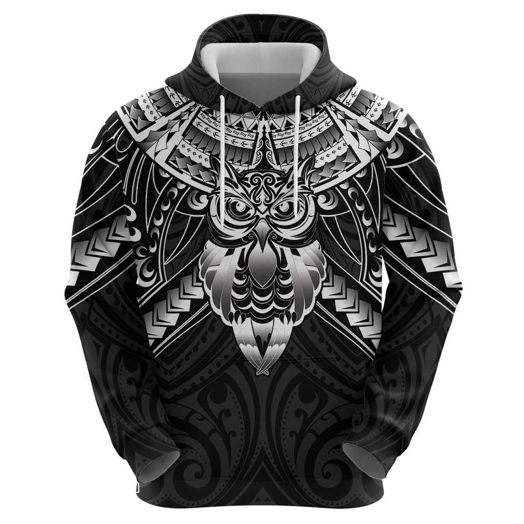 New Zealand Morepork Zip Hoodie Maori Pattern Black