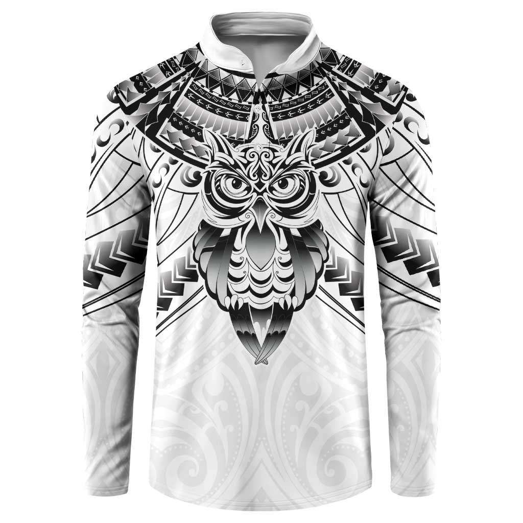 New Zealand Morepork Button Sweatshirt Maori Pattern White LT05 White - Polynesian Pride