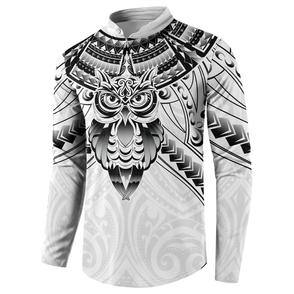 New Zealand Morepork Button Sweatshirt Maori Pattern White LT05 - Polynesian Pride