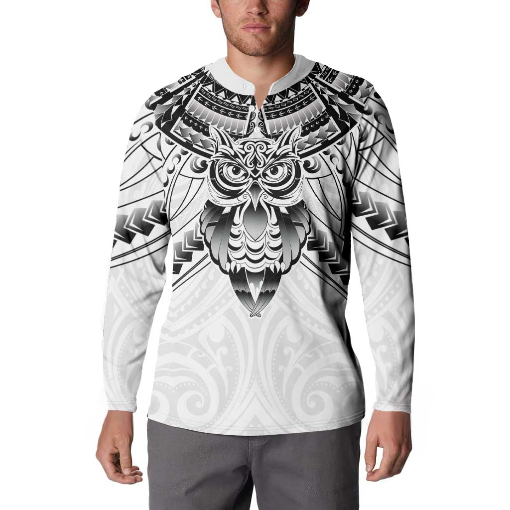 New Zealand Morepork Button Sweatshirt Maori Pattern White LT05 - Polynesian Pride
