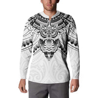 New Zealand Morepork Button Sweatshirt Maori Pattern White LT05 - Polynesian Pride