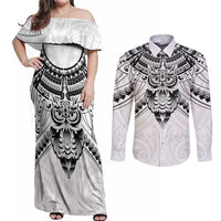 New Zealand Morepork Couples Matching Off Shoulder Maxi Dress and Long Sleeve Button Shirt Maori Pattern White LT05 White - Polynesian Pride