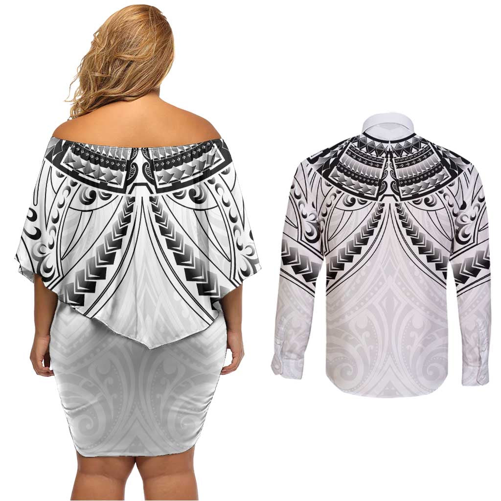 New Zealand Morepork Couples Matching Off Shoulder Short Dress and Long Sleeve Button Shirt Maori Pattern White LT05 - Polynesian Pride
