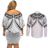 New Zealand Morepork Couples Matching Off Shoulder Short Dress and Long Sleeve Button Shirt Maori Pattern White LT05 - Polynesian Pride