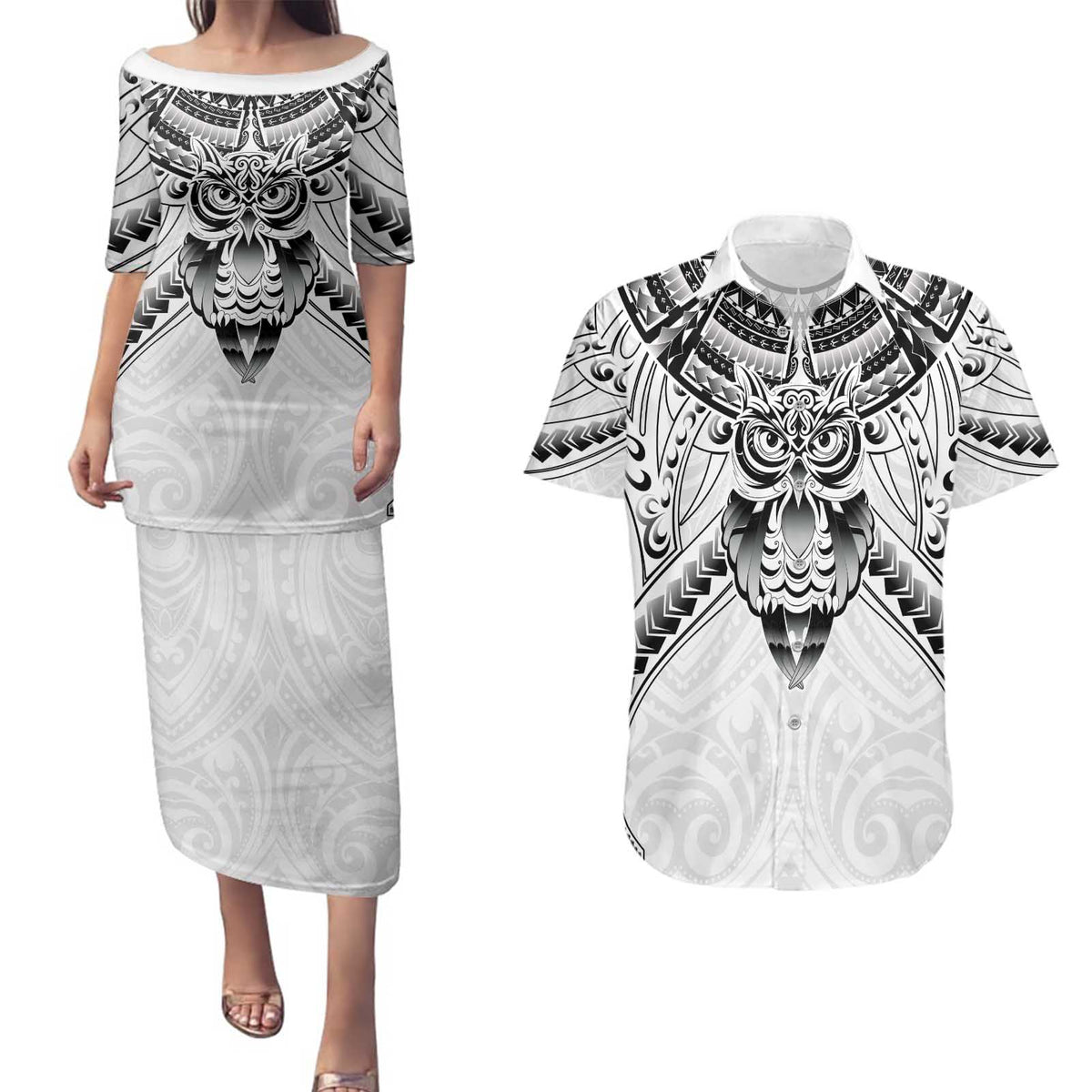 New Zealand Morepork Couples Matching Puletasi and Hawaiian Shirt Maori Pattern White LT05 White - Polynesian Pride