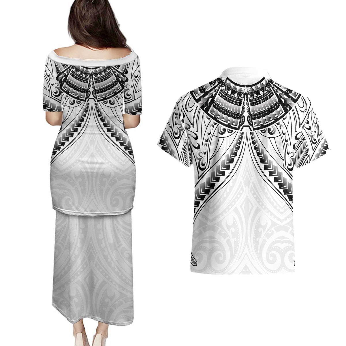 New Zealand Morepork Couples Matching Puletasi and Hawaiian Shirt Maori Pattern White LT05 - Polynesian Pride