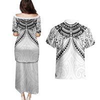 New Zealand Morepork Couples Matching Puletasi and Hawaiian Shirt Maori Pattern White LT05 - Polynesian Pride