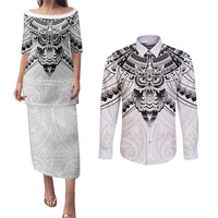 New Zealand Morepork Couples Matching Puletasi and Long Sleeve Button Shirt Maori Pattern White LT05 White - Polynesian Pride