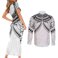 New Zealand Morepork Couples Matching Short Sleeve Bodycon Dress and Long Sleeve Button Shirt Maori Pattern White