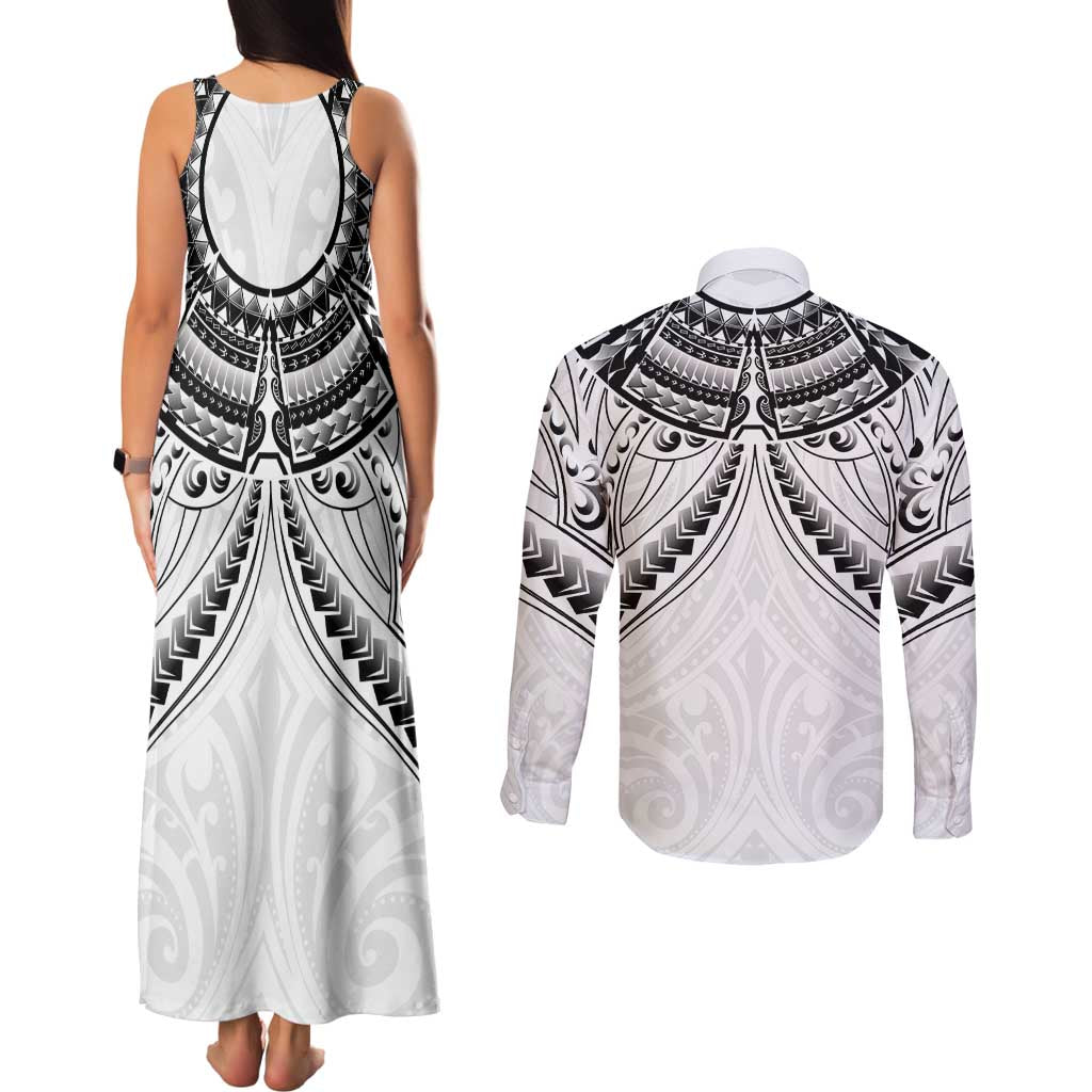 New Zealand Morepork Couples Matching Tank Maxi Dress and Long Sleeve Button Shirt Maori Pattern White LT05 - Polynesian Pride
