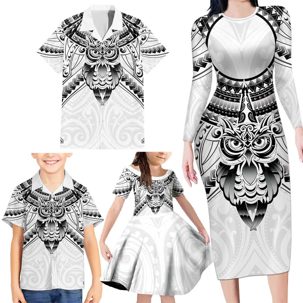 New Zealand Morepork Family Matching Long Sleeve Bodycon Dress and Hawaiian Shirt Maori Pattern White