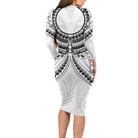 New Zealand Morepork Family Matching Long Sleeve Bodycon Dress and Hawaiian Shirt Maori Pattern White