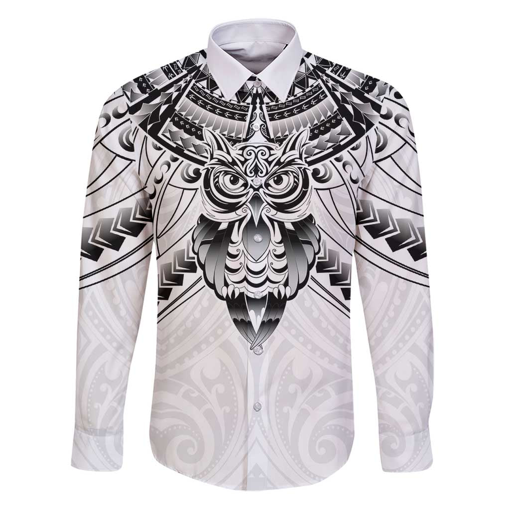 New Zealand Morepork Family Matching Puletasi and Hawaiian Shirt Maori Pattern White LT05 Dad's Shirt - Long Sleeve White - Polynesian Pride
