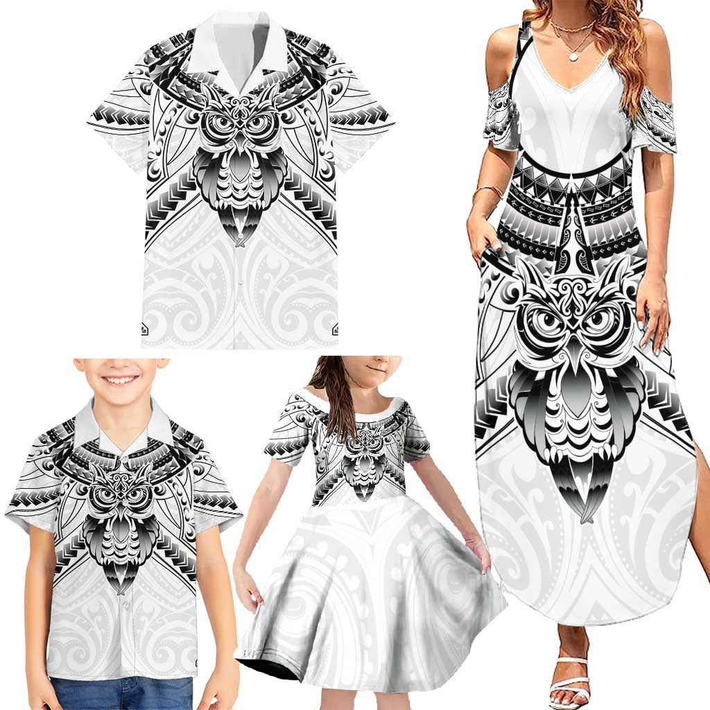 New Zealand Morepork Family Matching Summer Maxi Dress and Hawaiian Shirt Maori Pattern White