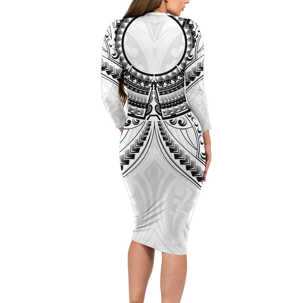 New Zealand Morepork Long Sleeve Bodycon Dress Maori Pattern White