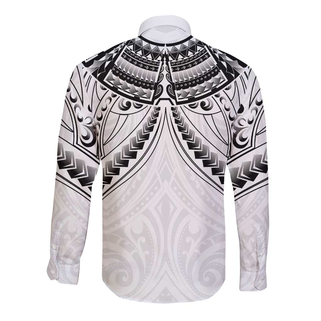 New Zealand Morepork Long Sleeve Button Shirt Maori Pattern White LT05 - Polynesian Pride