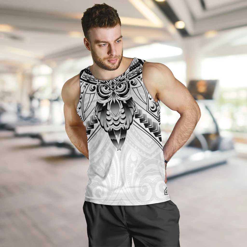 New Zealand Morepork Men Tank Top Maori Pattern White LT05 White - Polynesian Pride