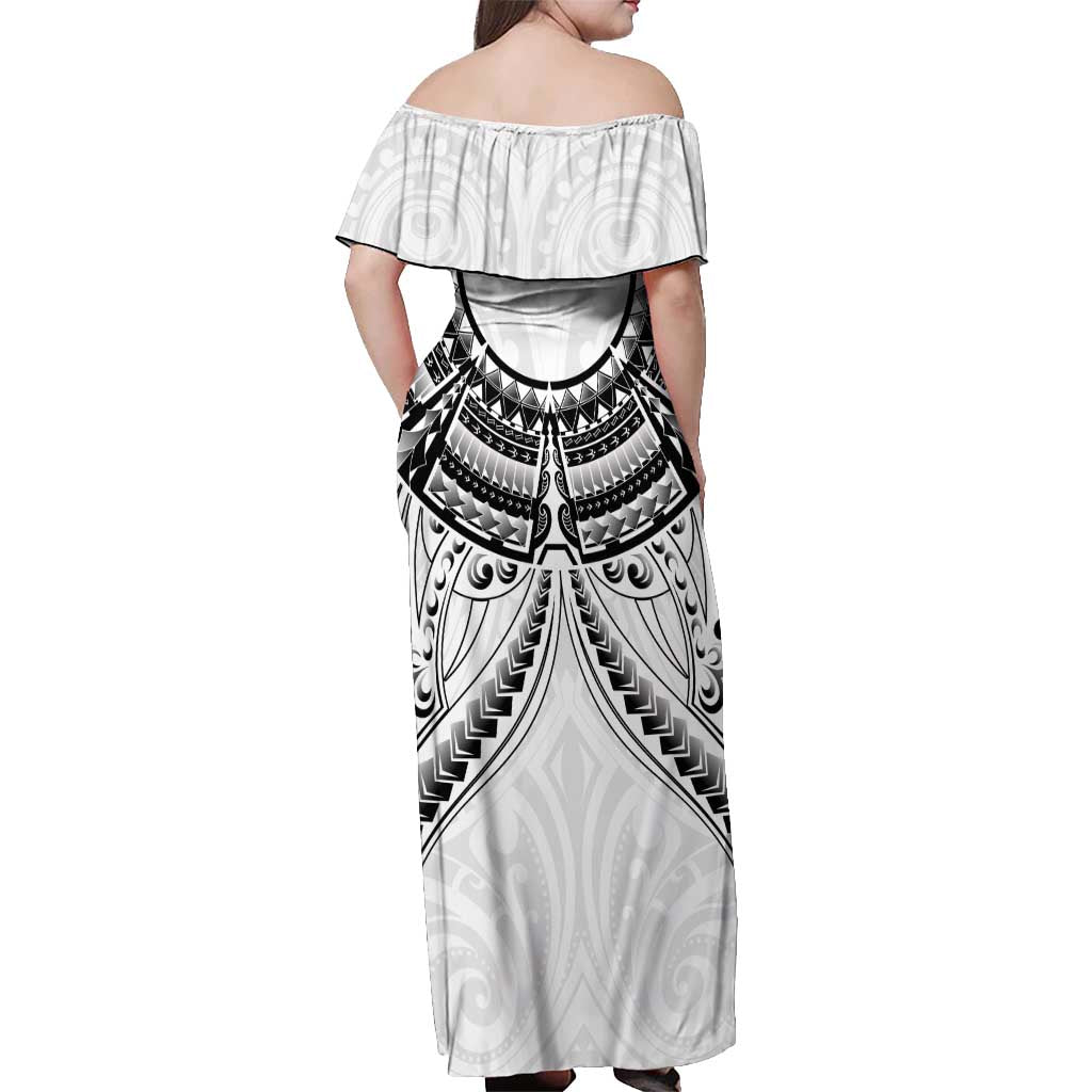 New Zealand Morepork Off Shoulder Maxi Dress Maori Pattern White